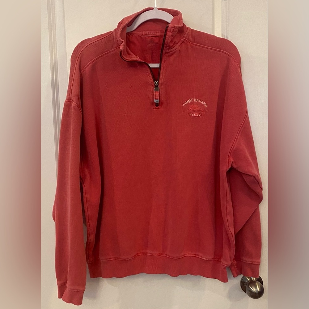 Tommy Bahama Relax 1/4 Zip Sweatshirt Sz L Coral/Red Mock Neck